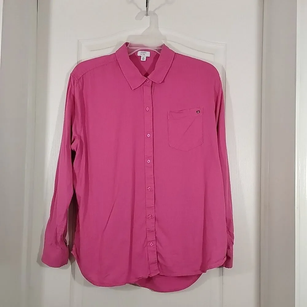 Crown & Ivy Womens XL Pink Button Front Top Long Sleeve Linen Blend